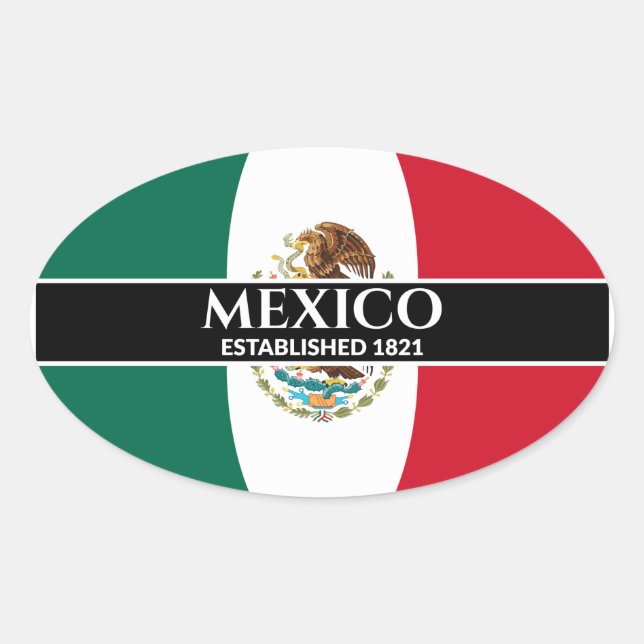 Mexico Established 1821 Mexican Flag White Text Oval Sticker (Front)
