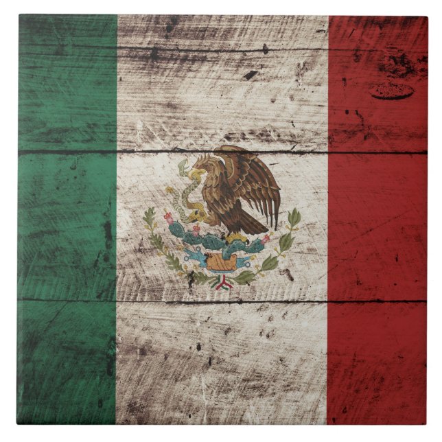 Mexico Flag on Old Wood Grain Tile (Front)