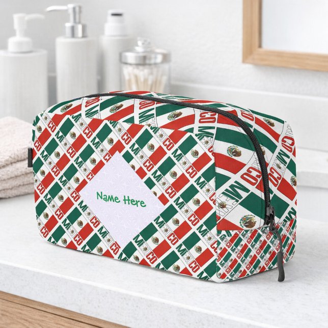 Mexico Flag Personalised Tiled Travel Dopp Kit (Personalized dopp kit has tiled Mexican Flag and MEXICO. White fractal for name in green text.)