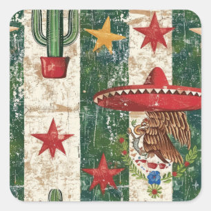 Mexico Flag Rustic Sombrero Symbols Square Sticker