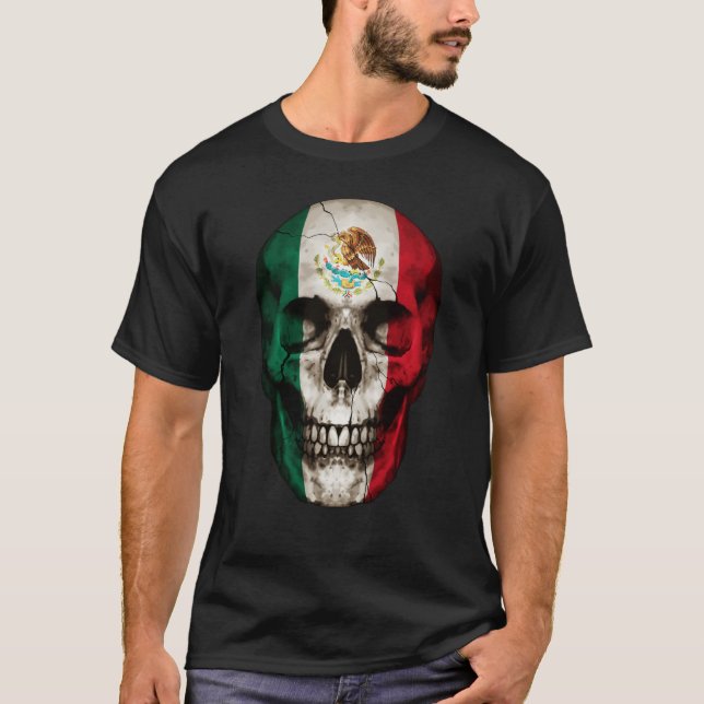 Mexico Flag Skull Mexican Roots Proud Patriotic T-Shirt (Front)