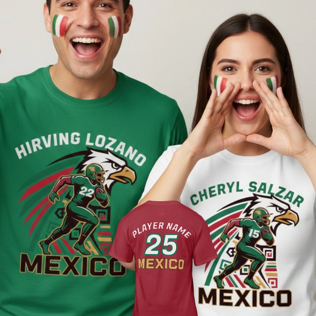 Mexico Football Eagle National Pride Action Art T-Shirt (Use Personalized to change color/font.
Choose a color that matches the background color of shirt)