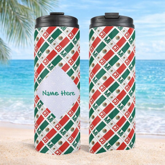 Mexico Mexican Flag Tiled Green Personalised  Thermal Tumbler (Personalized thermal tumbler with tiled Mexican Flag and MEXICO. White fractal to add a name.)