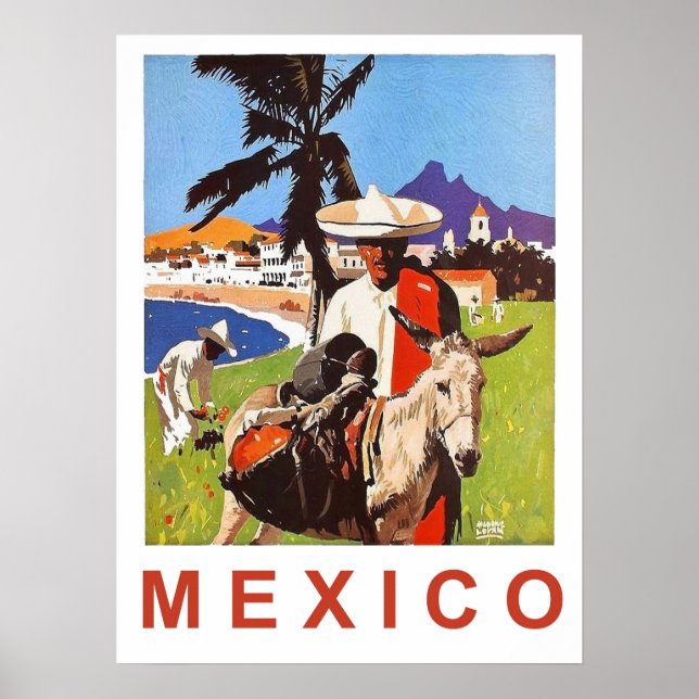 Mexico, Mexican man with donkey by the coast Poster (Front)