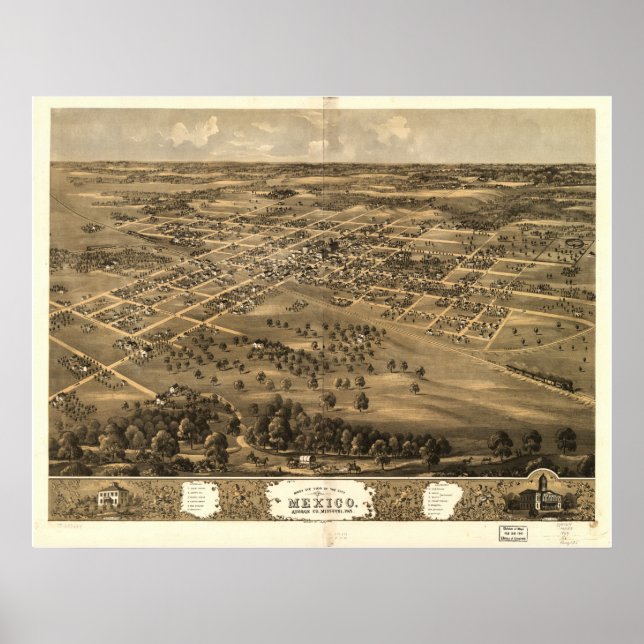 Mexico Missouri 1869 Antique Panoramic Map Poster (Front)