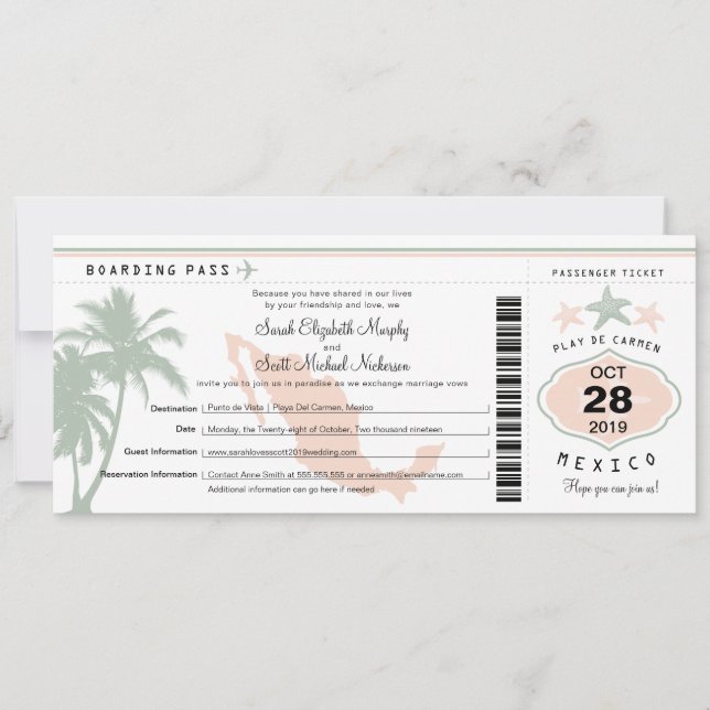 Mexico Palm Tree Starfish Boarding Pass Wedding In Invitation (Front)