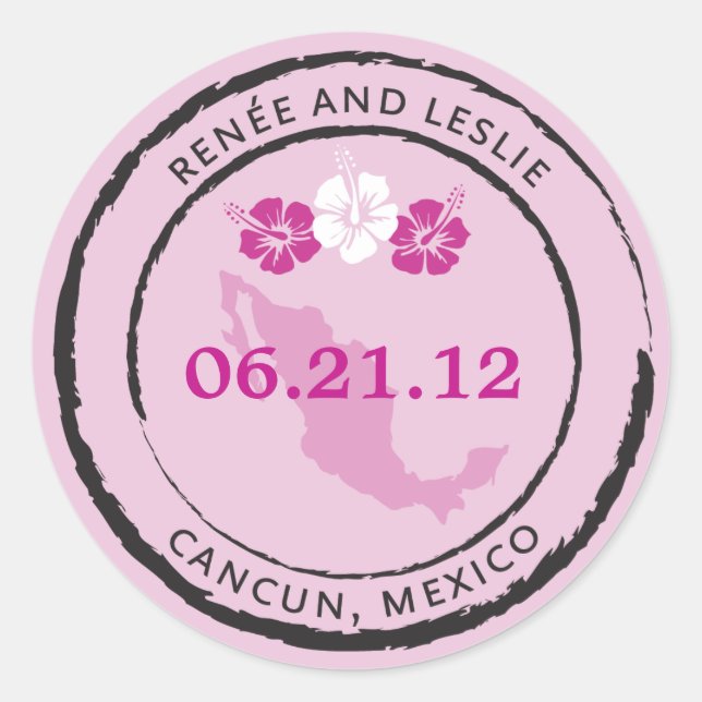 Mexico Passport Stamp with Hibiscus Flowers Classic Round Sticker (Front)