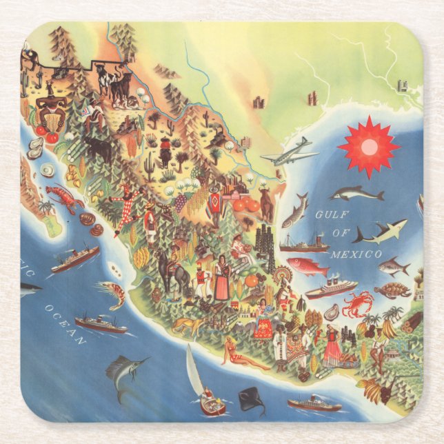 Mexico Pictorial Map by Miguel Gomez Medina Square Paper Coaster (Front)