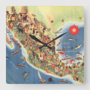 Mexico Pictorial Map by Miguel Gomez Medina Square Wall Clock