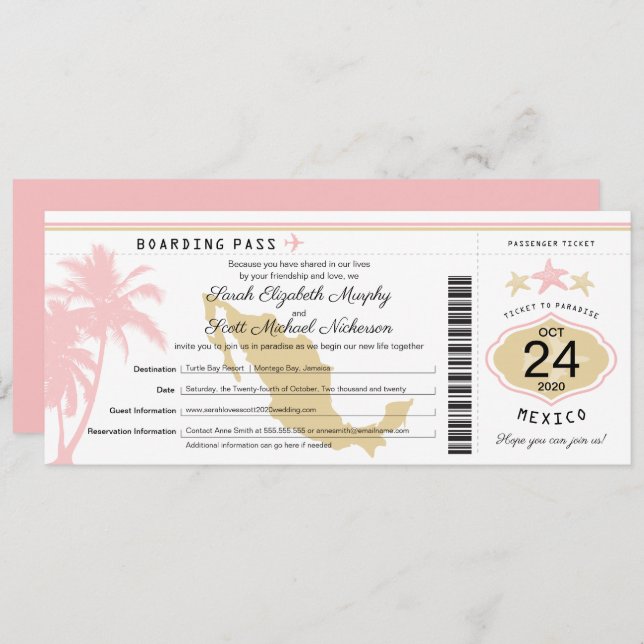 Mexico Pink Gold Boarding Pass Wedding Invitation (Front/Back)