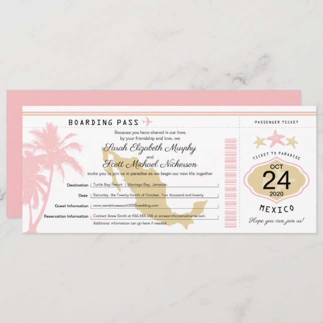 Mexico Pink Gold Boarding Pass Wedding Invitation (Front/Back)