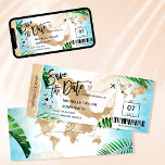 Mexico Save the Date Boarding Pass World Map Invit Invitation<br><div class="desc">Mexico Destination  Beach Wedding Boarding Pass Ticket Gold Plane Save the Date with heart and plane icon with tropical leaves</div>