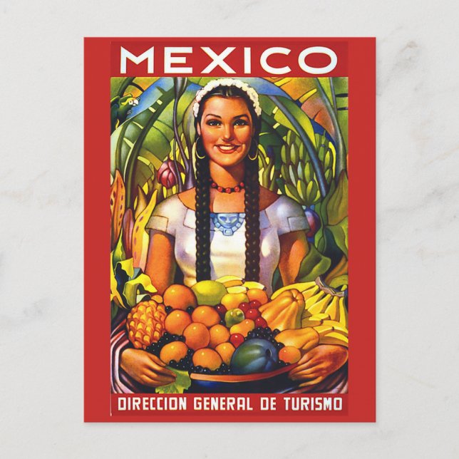 Mexico, smiling woman with tropic fruits, vintage postcard (Front)