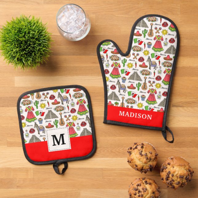Mexico | Symbols Pattern Oven Mitt & Pot Holder Set (Top Down)