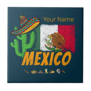 Mexico Vintage Cactus With Flag Sombrero Souvenir Tile