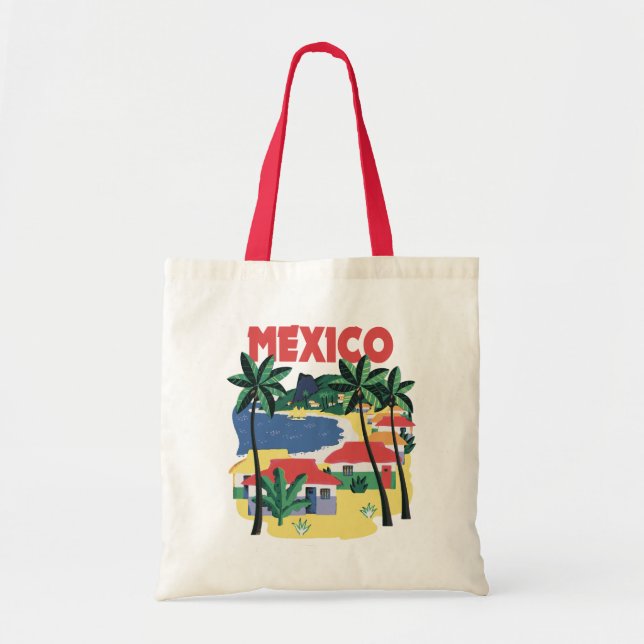 Mexico vintage illustration with beach scene tote bag (Front)