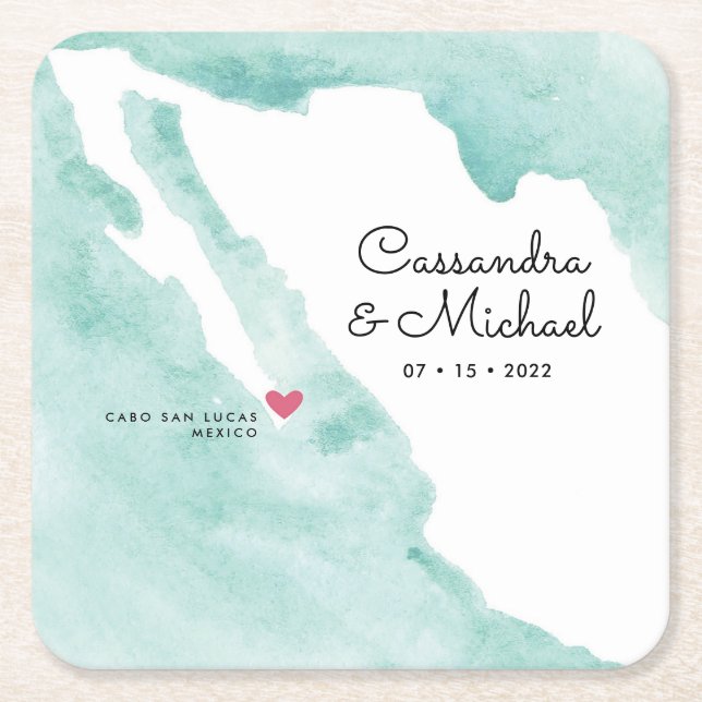 Mexico Watercolor Map | Cabo | Destination Wedding Square Paper Coaster (Front)