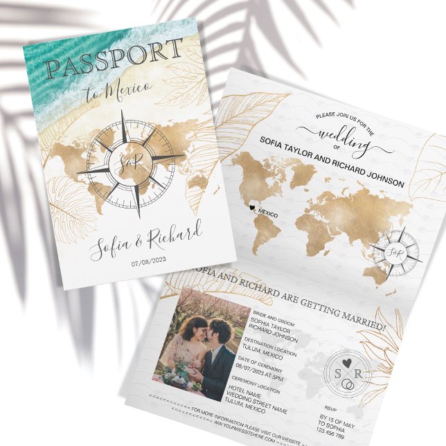 Mexico Wedding Destination Passport World Map  Inv Invitation (Creator Uploaded)