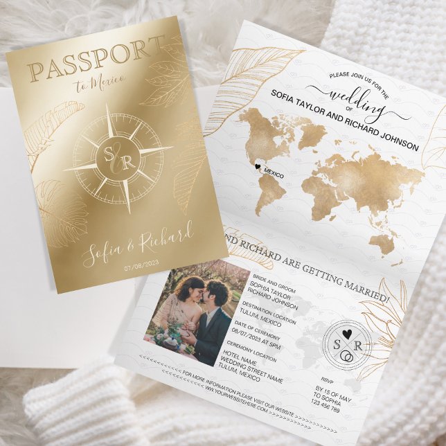 Mexico Wedding Destination Passport World Map  Invitation (gold compass passport wedding invitation)