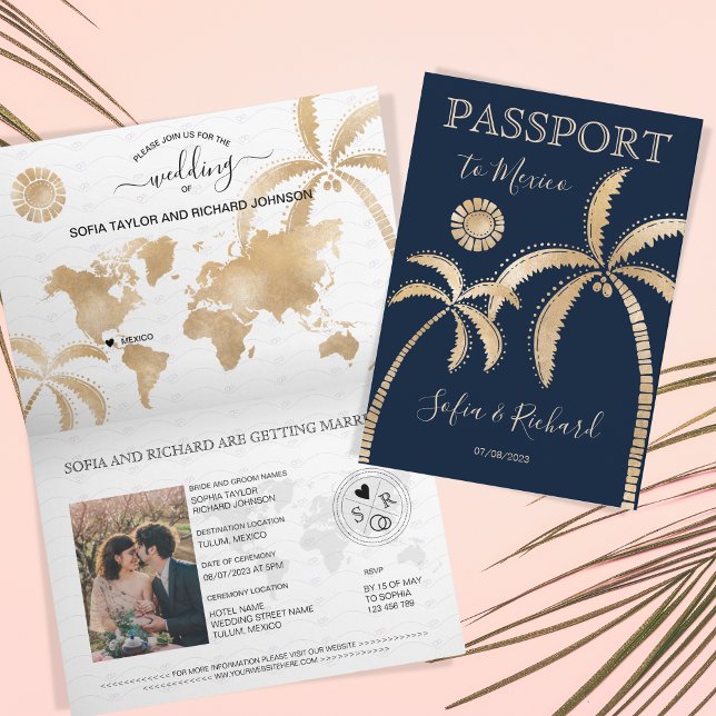 Mexico Wedding Destination Passport World Map Palm Invitation (Creator Uploaded)
