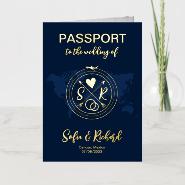 Mexico Wedding World Map Passport Monogram  Foil Greeting Card (Front)