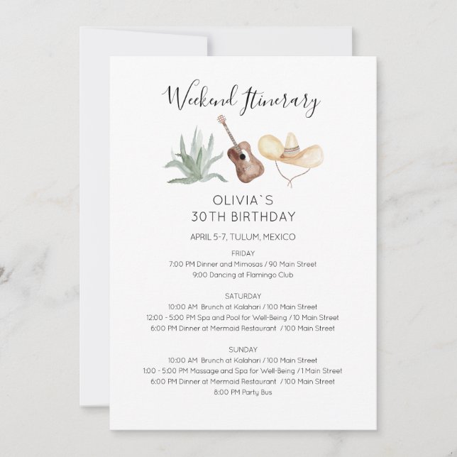 Mexico Weekend Birthday Itinerary Invitation (Front)