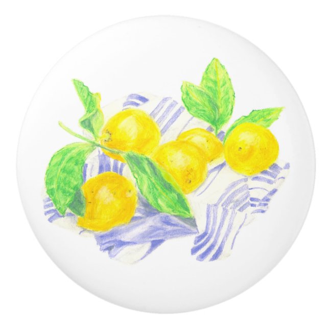 Meyer lemons on kitchen towel ceramic knob (Front)