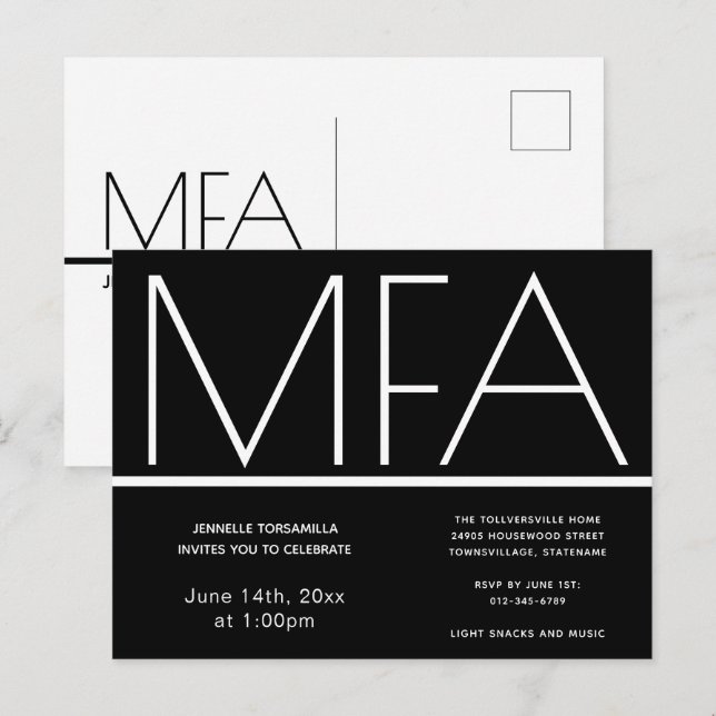 MFA degree Black Graduation Party Invitation Postcard (Front/Back)