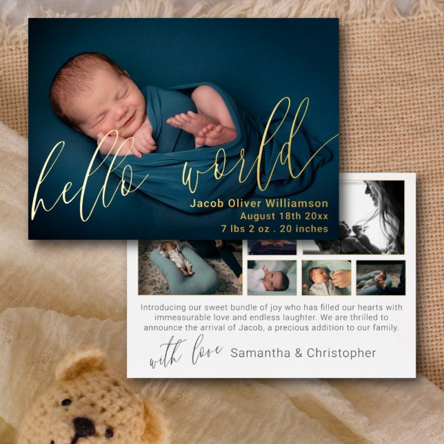 MHello World Photo Collage Gold Baby Announcement (Creator Uploaded)