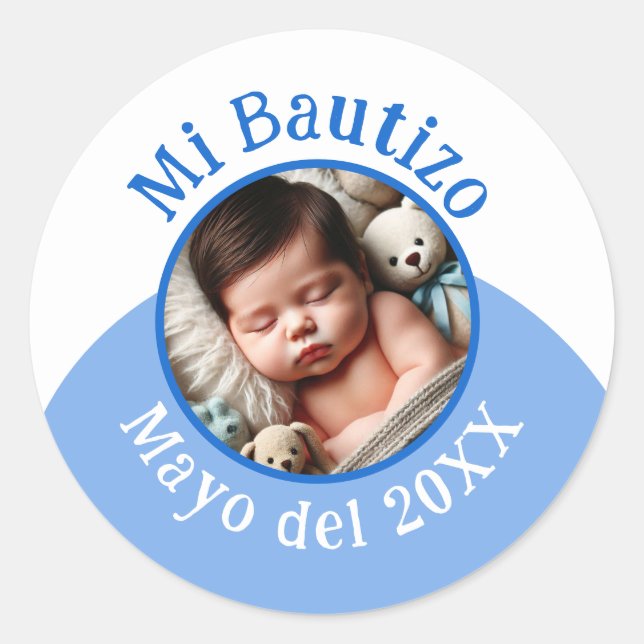 Mi Bautizo con Foto y Fecha Classic Round Sticker (Front)