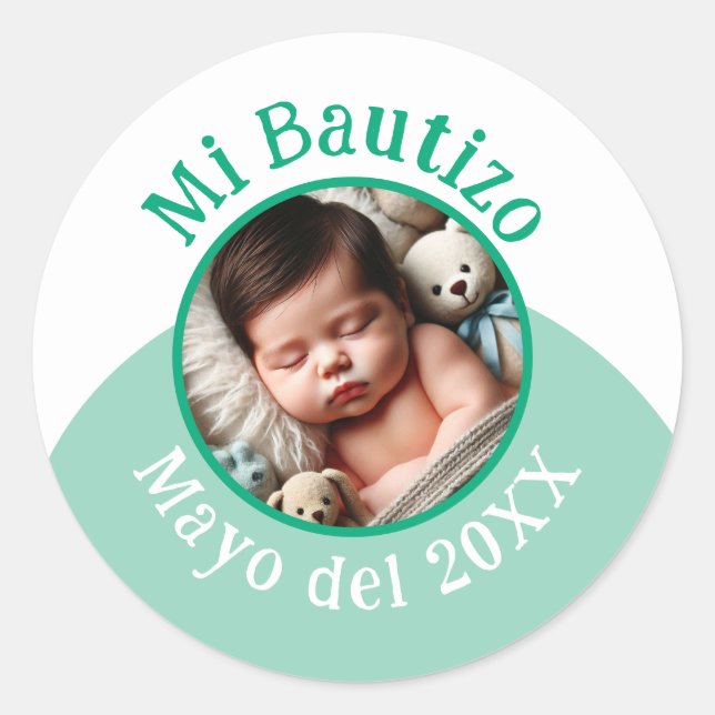 Mi Bautizo con Foto y Fecha Classic Round Sticker (Front)