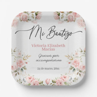 Mi Bautizo Para Niña Pink Floral Baptism Paper Plate