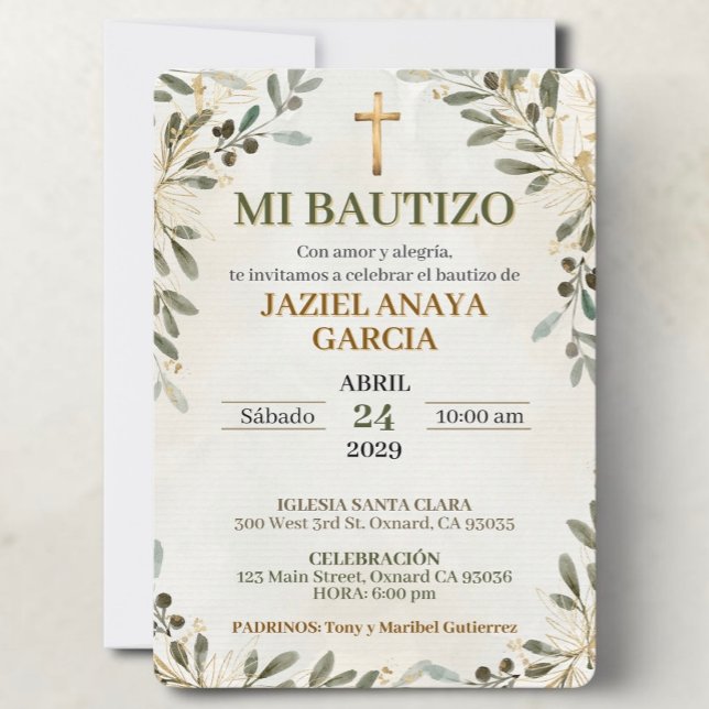 Mi Bautizo Para Niño o Niña Invitation ( Mi Bautizo invitation for boy or girl with neutral botanical design and Catholic baptism details)