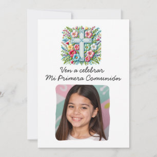 Mi Primera Comunión Cruz & Flores con foto Invitation