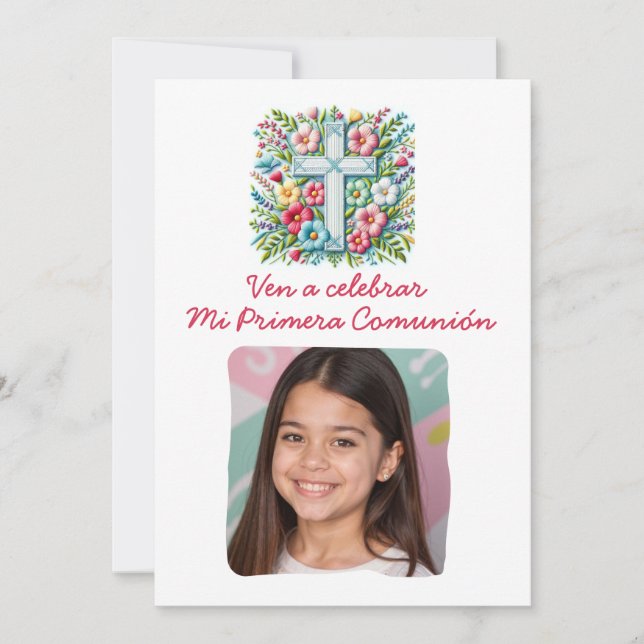 Mi Primera Comunión Cruz & Flores con foto  Invitation (Front)