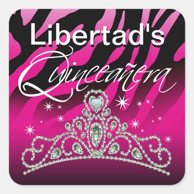 Mi Quinceañera Sparkling Tiara Zebra Square Sticker (Front)