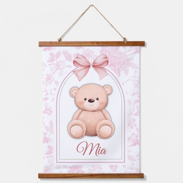 Mia | Custom Pink Teddy Bear Nursery Design  Hanging Tapestry (Front)