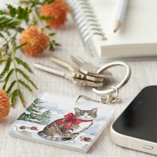 Mia the Festive Cat with Holiday Decor Key Ring