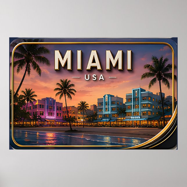 Miami Beach and Ocean Drive Sunset Poster (Front)