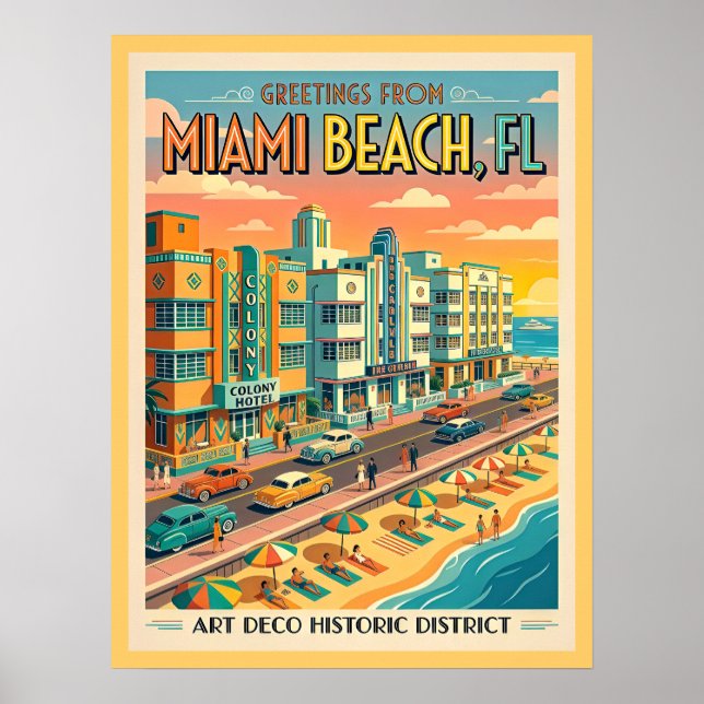 Miami Beach Art Deco District Vintage Style Poster (Front)