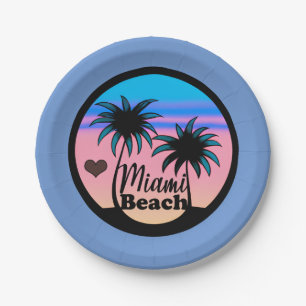Miami Beach Blue and Pink Palm Trees Paper Plate