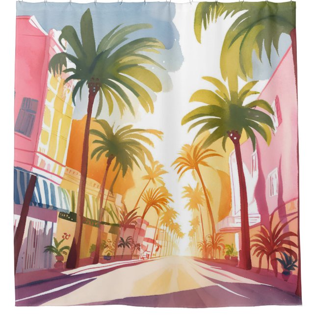 Miami Beach | Bright Colorful Watercolor Painting Shower Curtain (Front)