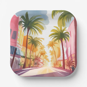 Miami Beach Bright Colourful Watercolor Painting Paper Plate