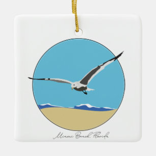 Miami Beach, Florida Sea Gull over Beach  Ceramic Ornament
