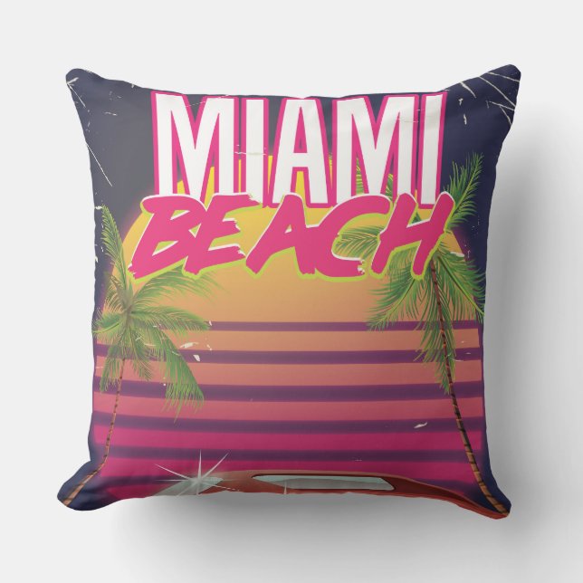 miami beach, florida vintage travel poster cushion (Front)