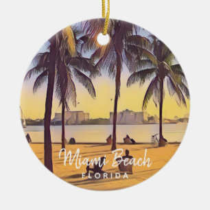 Miami Beach Florida Vintage Watercolor Art Ceramic Tree Decoration