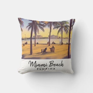 Miami Beach Florida Vintage Watercolor Art Cushion