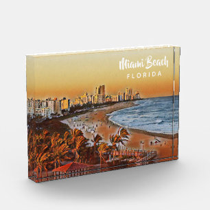 Miami Beach Florida Vintage Watercolor Art Photo Block