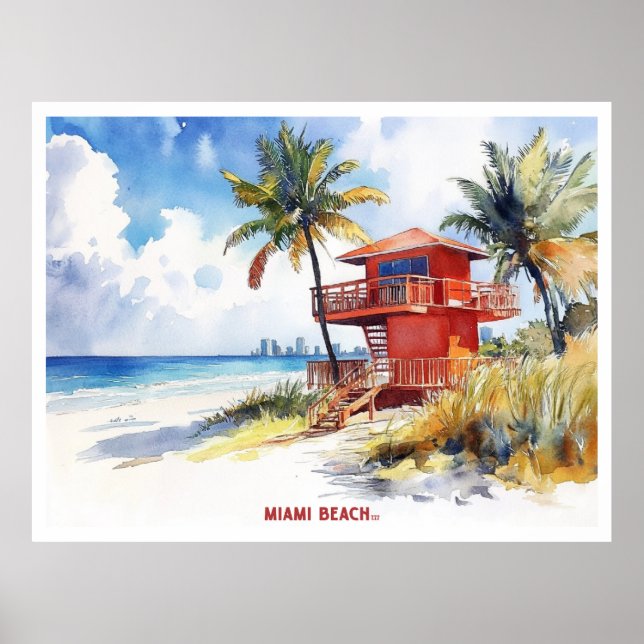 Miami Beach, Florida watercolor painting postcard Poster (Front)