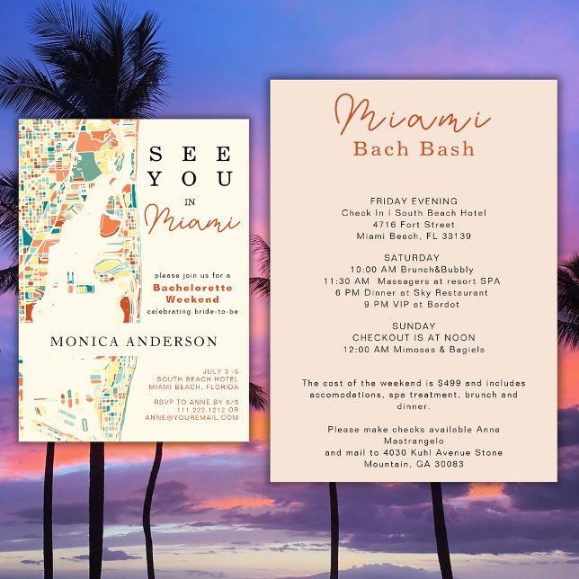 Miami Beach Map Bachelorette Weekend Itinerary Invitation (Creator Uploaded)